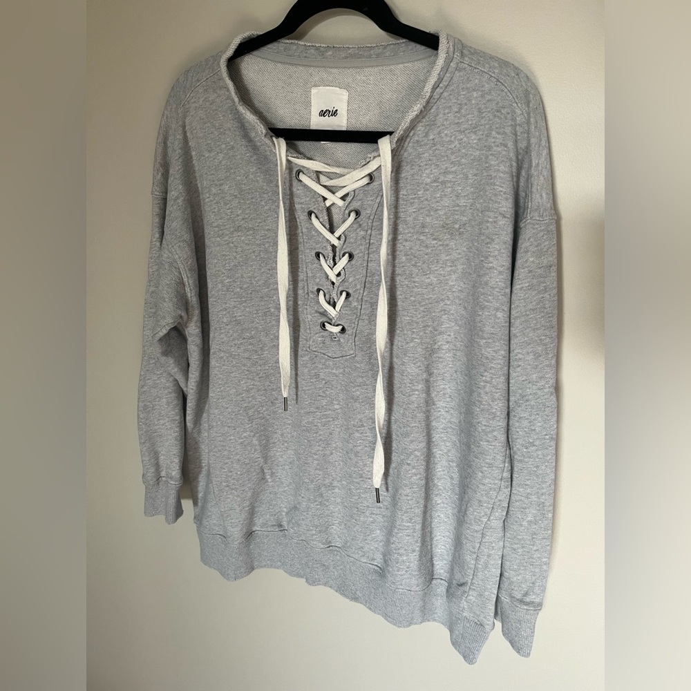 aerie Gray Lace-Up Pullover Hoodie